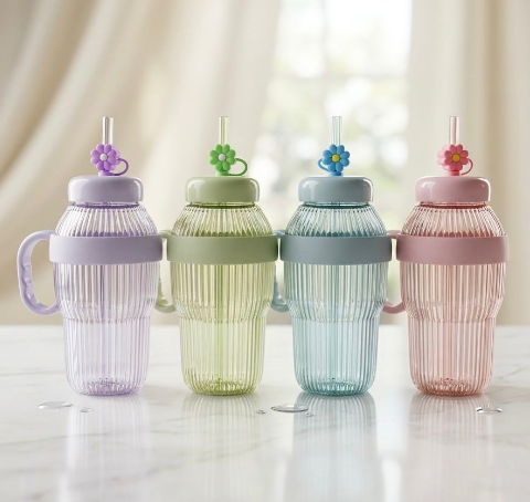 Kawaii Ribbed Flower Straw Water Bottle