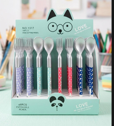 (4 piece)Cute Spoon Fork & Knife Extensible Lead Pencil