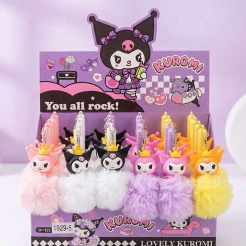 Cute Kuromi Princess Crown Pen with Soft Pom-Pom Fur Keychain